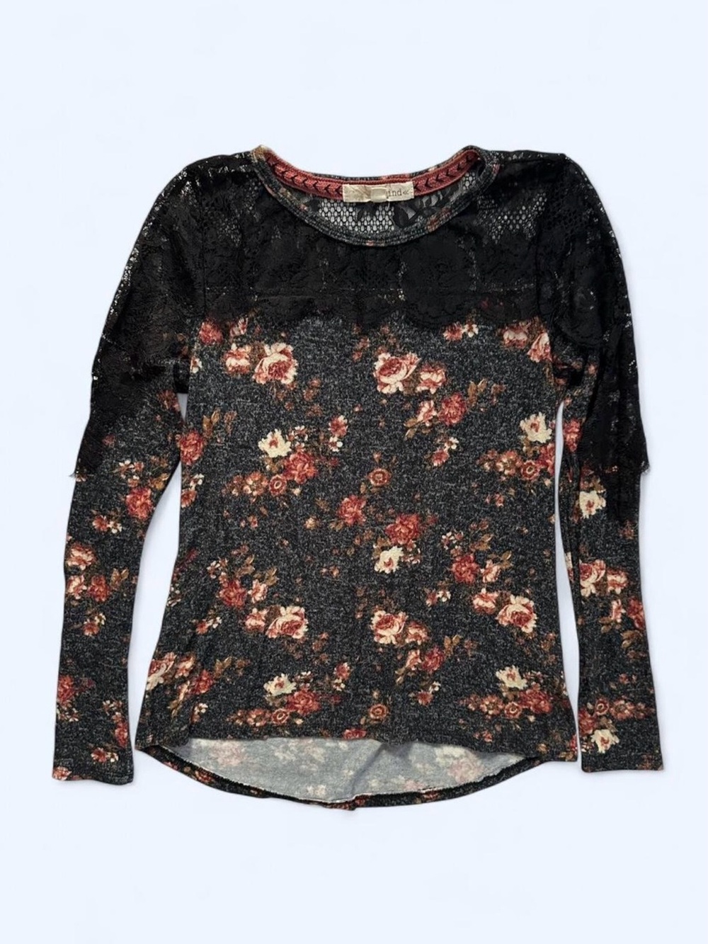 Rewind Boho Lace Floral Long Sleeve Hatchi Top in Black Juniors Size XS Kohl’s